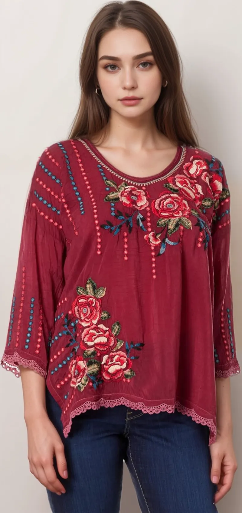 Johnny Was Giovanna Embroidered 3/4 Sleeve Blouse Boho Chic C18923 *