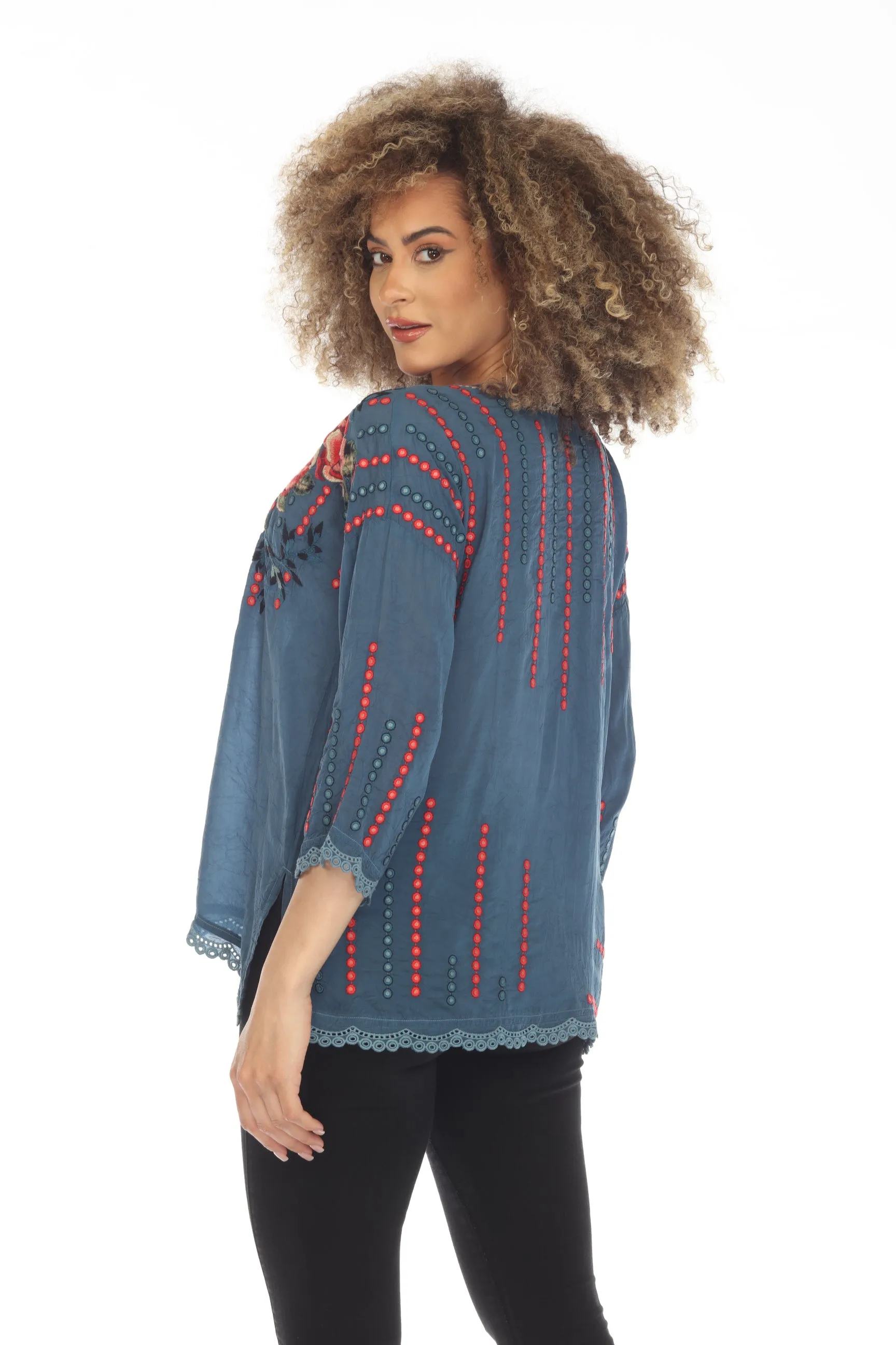 Johnny Was Giovanna Embroidered 3/4 Sleeve Blouse Boho Chic C18923 *