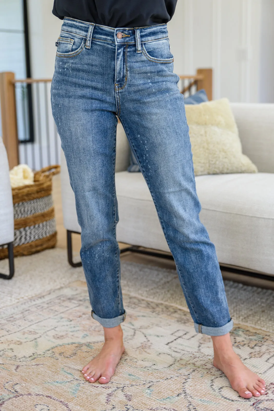 JUDY BLUE Corey Hi Rise Bleach Splash Boyfriend Jeans