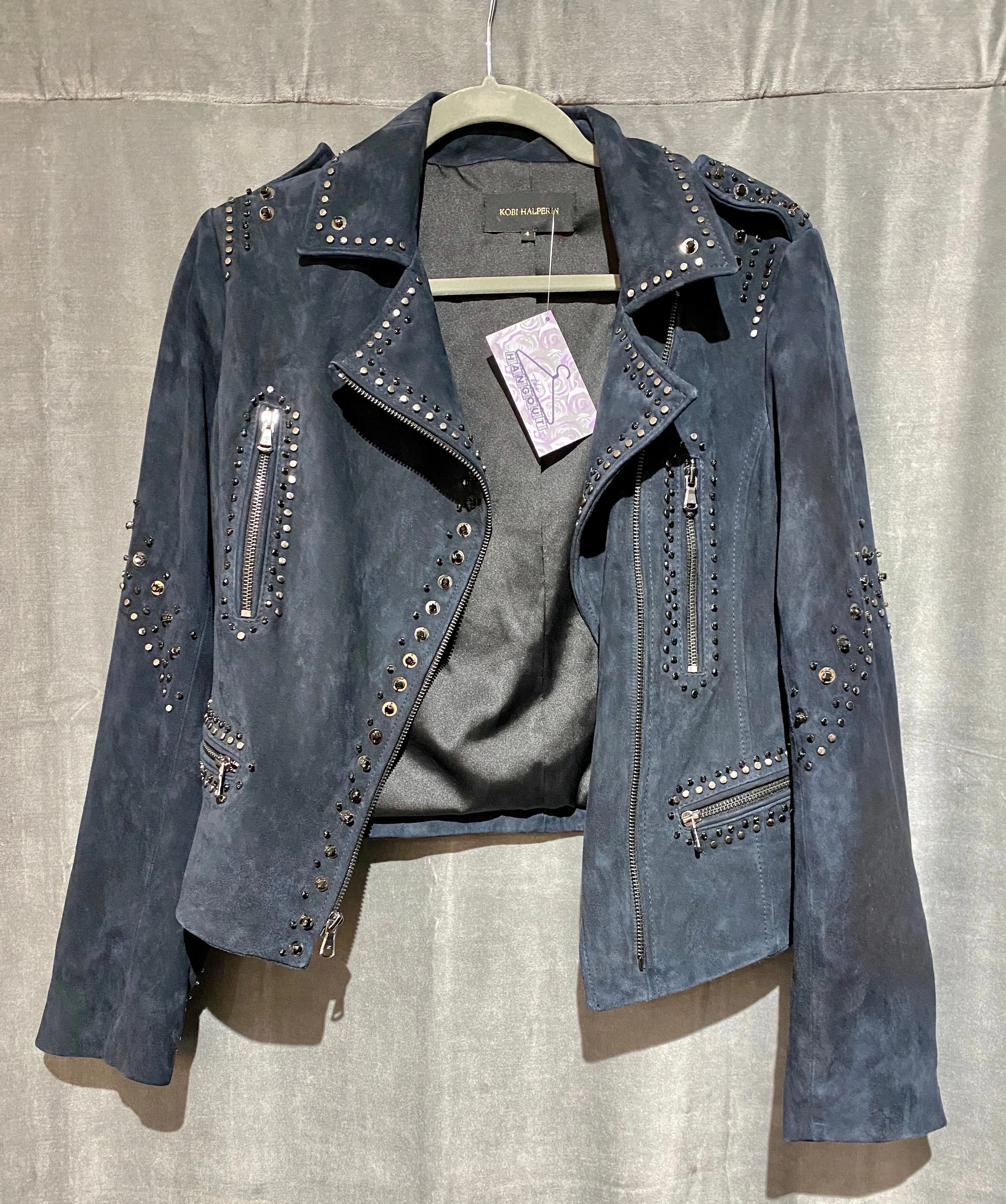 Kobi Halperin Navy Suede Short Moto Jacket with Silver Hardware and Black Stones