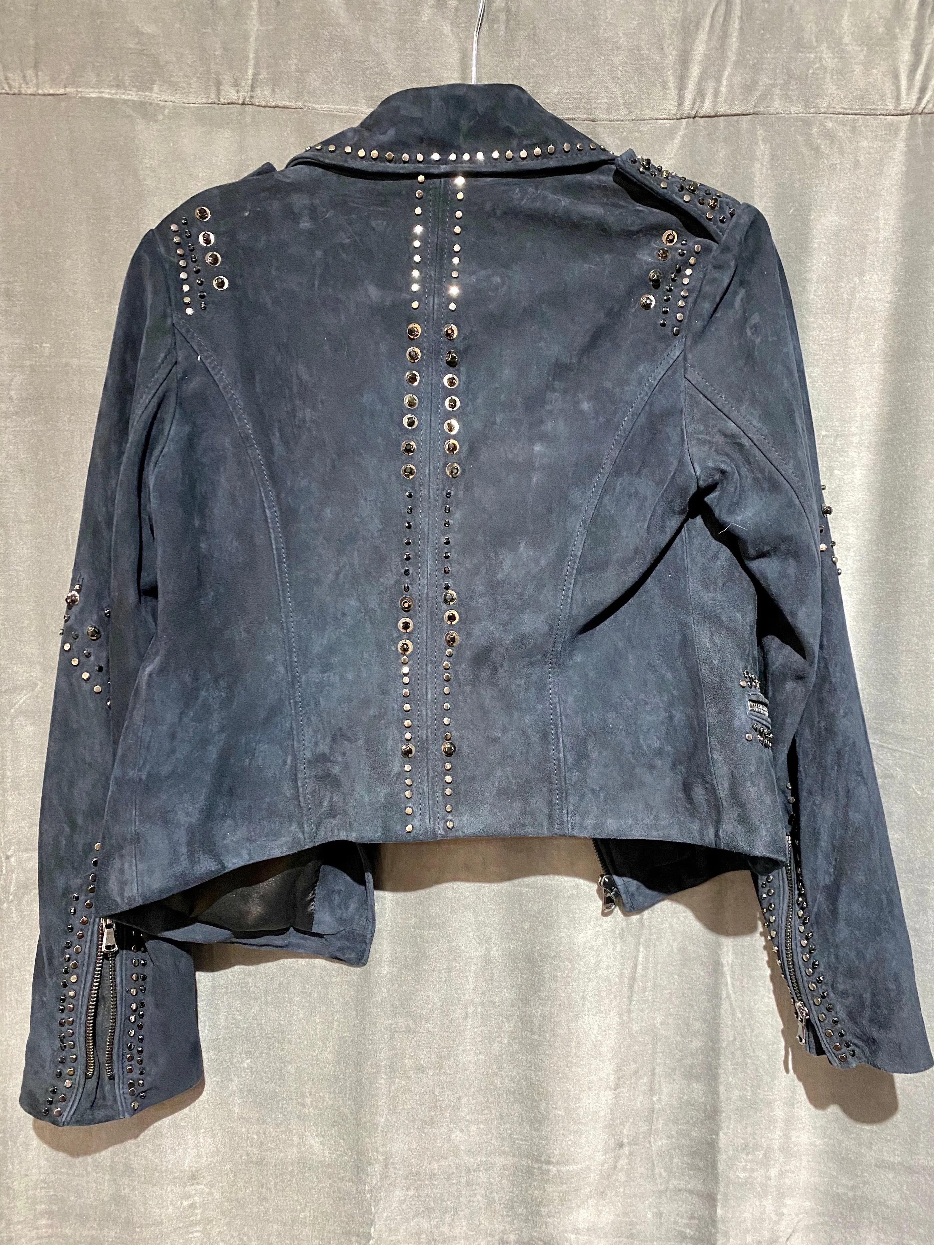 Kobi Halperin Navy Suede Short Moto Jacket with Silver Hardware and Black Stones