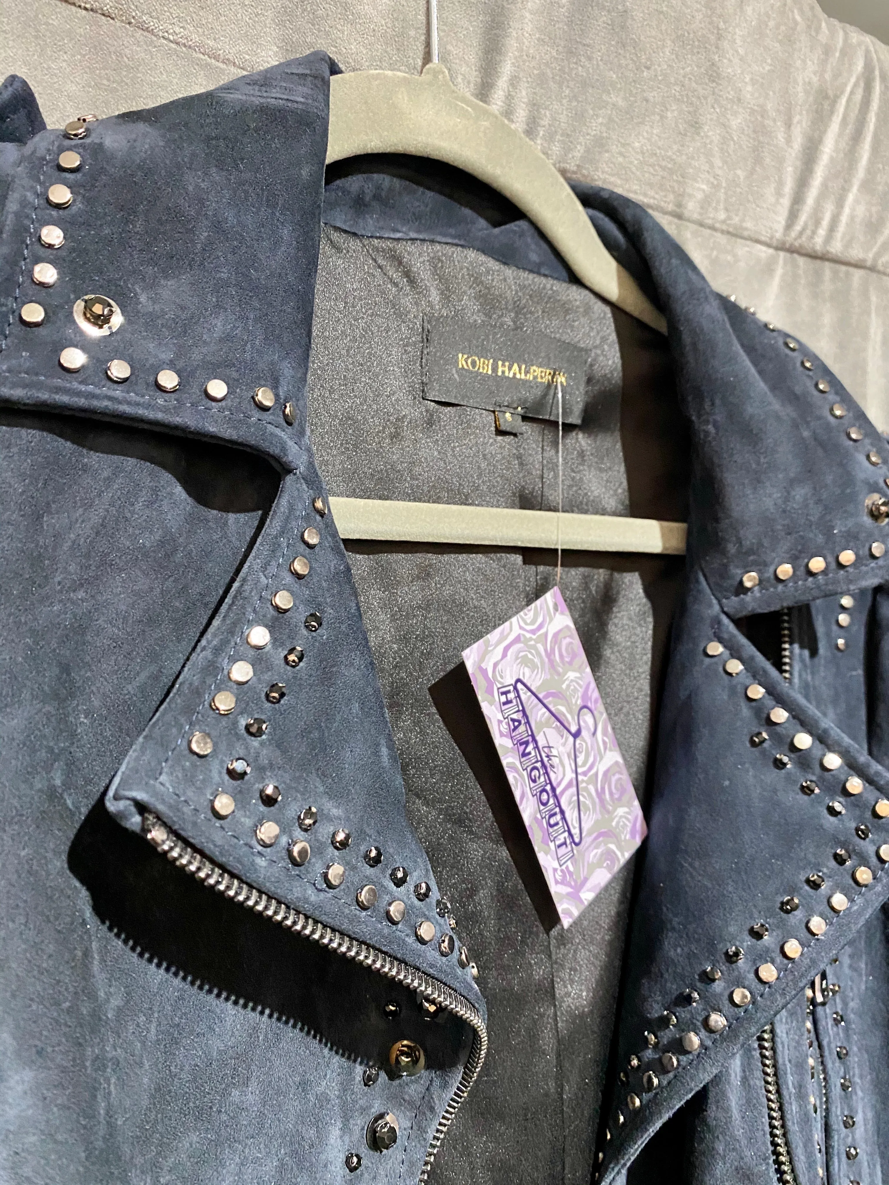 Kobi Halperin Navy Suede Short Moto Jacket with Silver Hardware and Black Stones