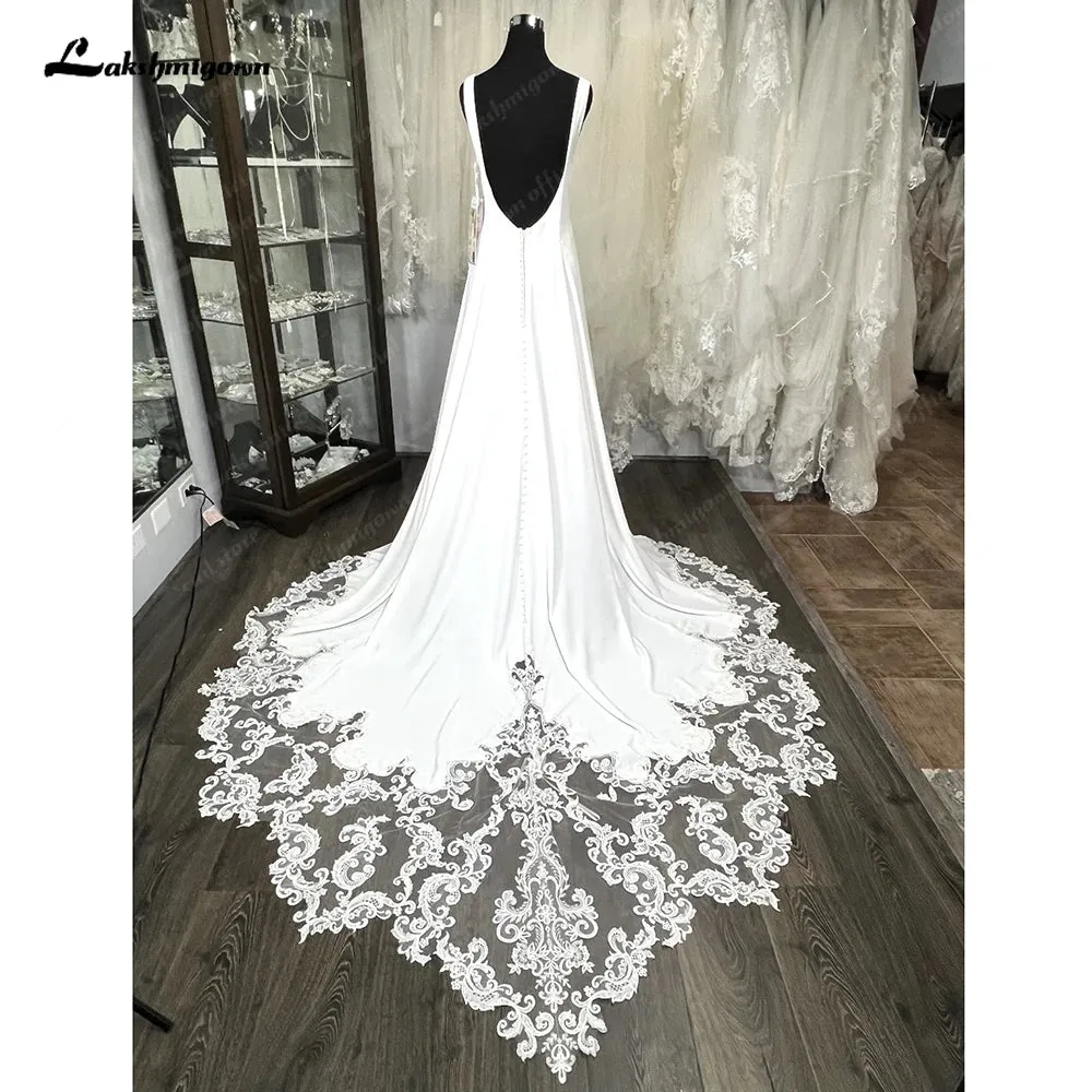 Lakshmigown Scoop Neck Lace Backless Soft Satin Wedding Dress for Women 2024 Tank Bridal Gown Court Train robe mariée sirene