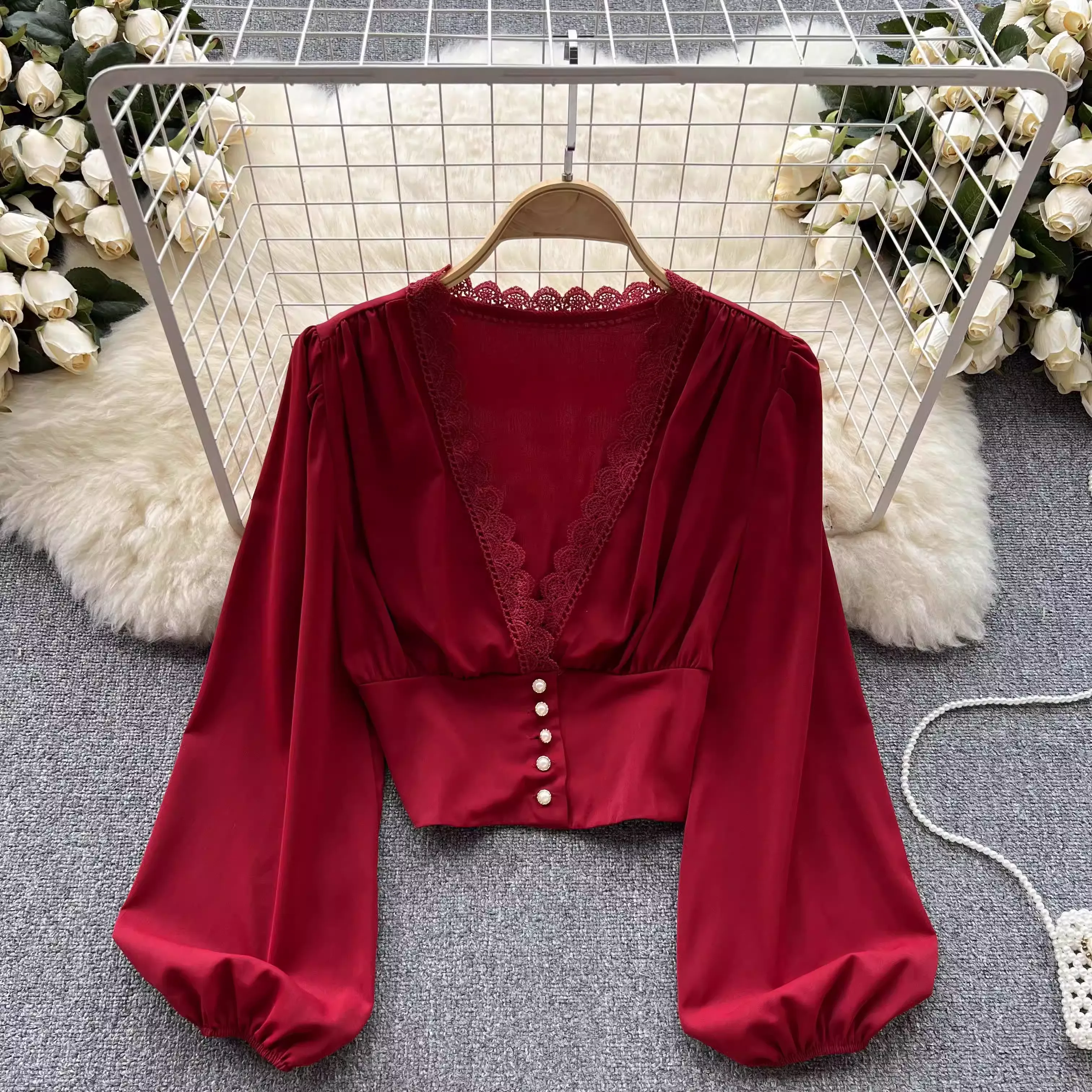 Lantern sleeve slim waist slimming long sleeves blouses