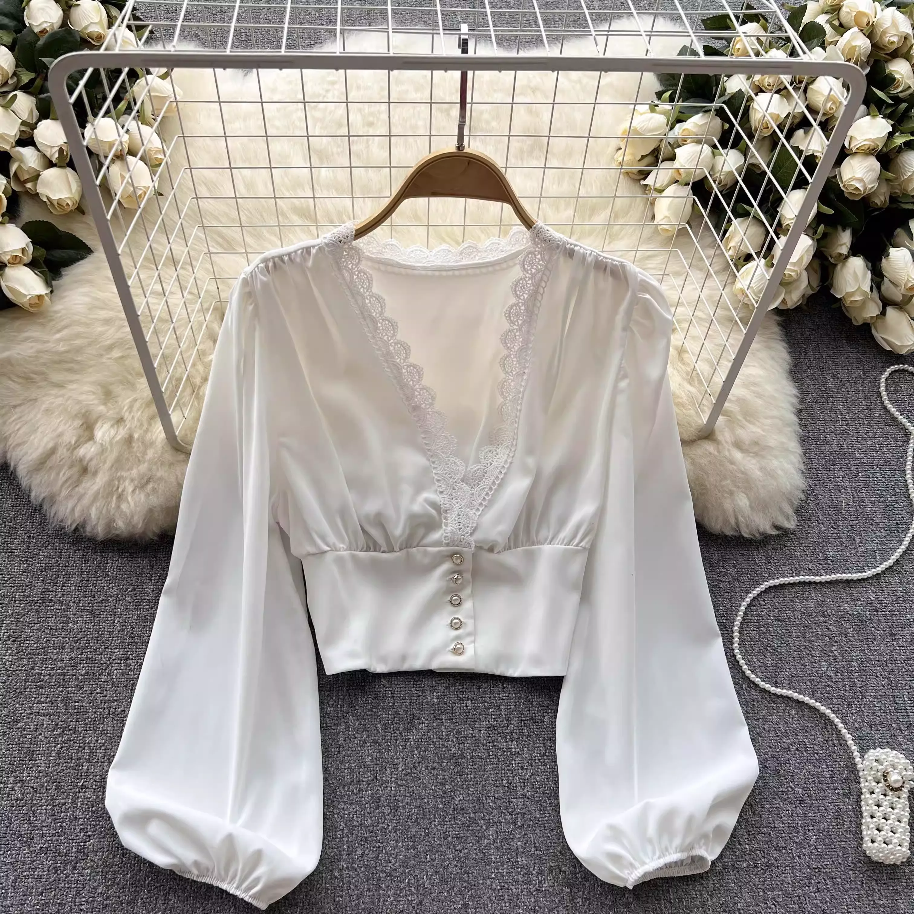 Lantern sleeve slim waist slimming long sleeves blouses