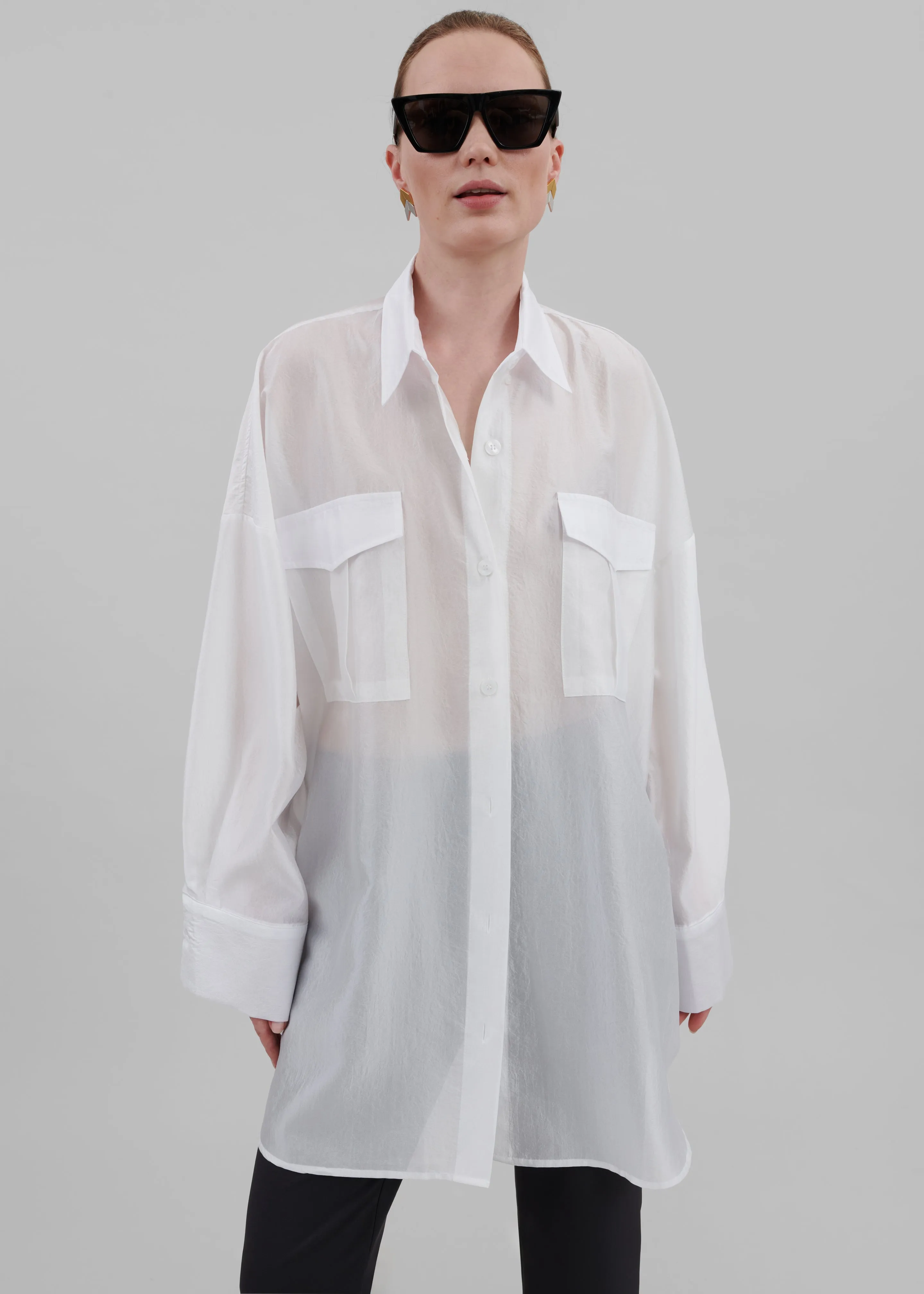 Laure Oversized Sheer Button Up Shirt - White