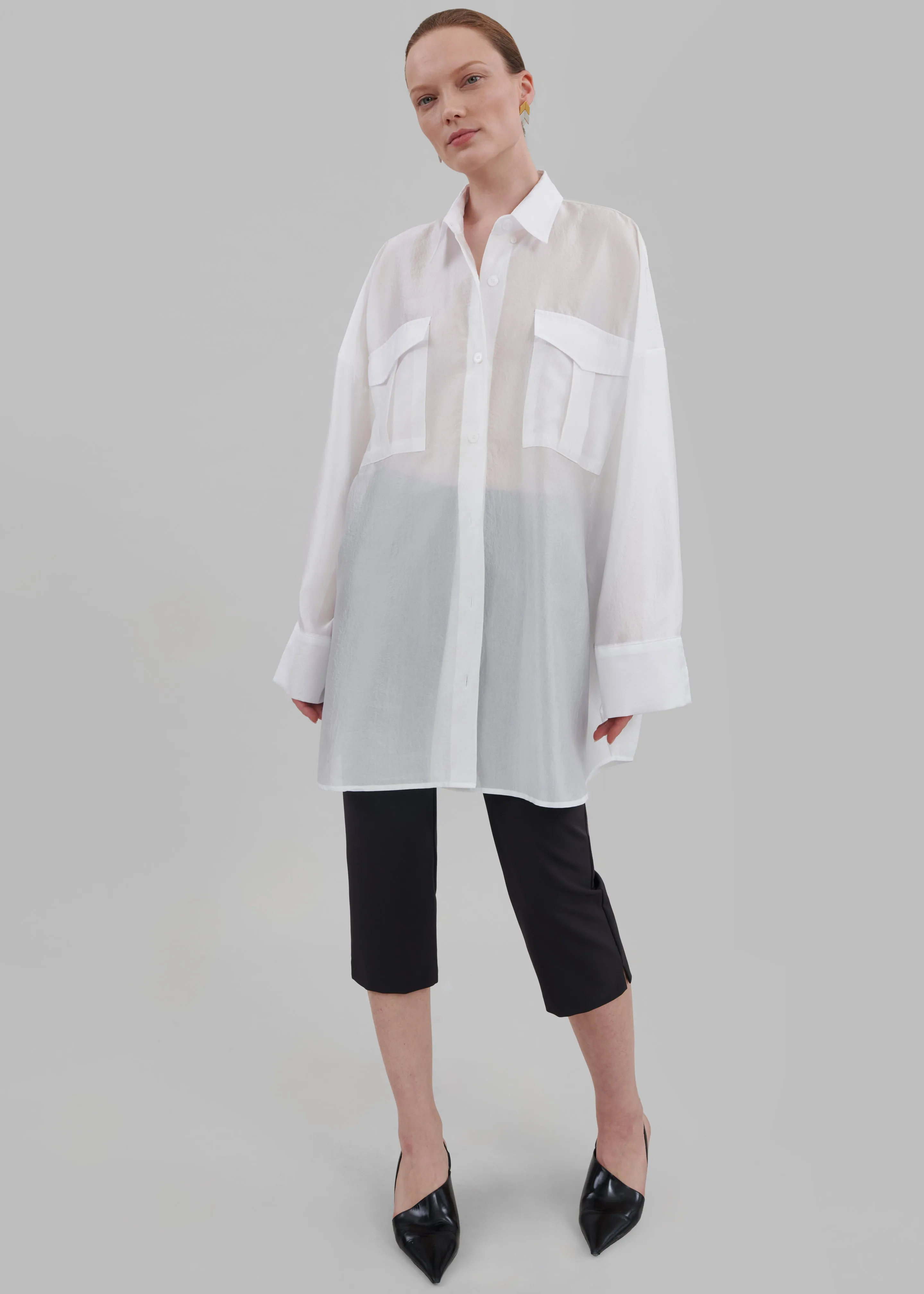 Laure Oversized Sheer Button Up Shirt - White