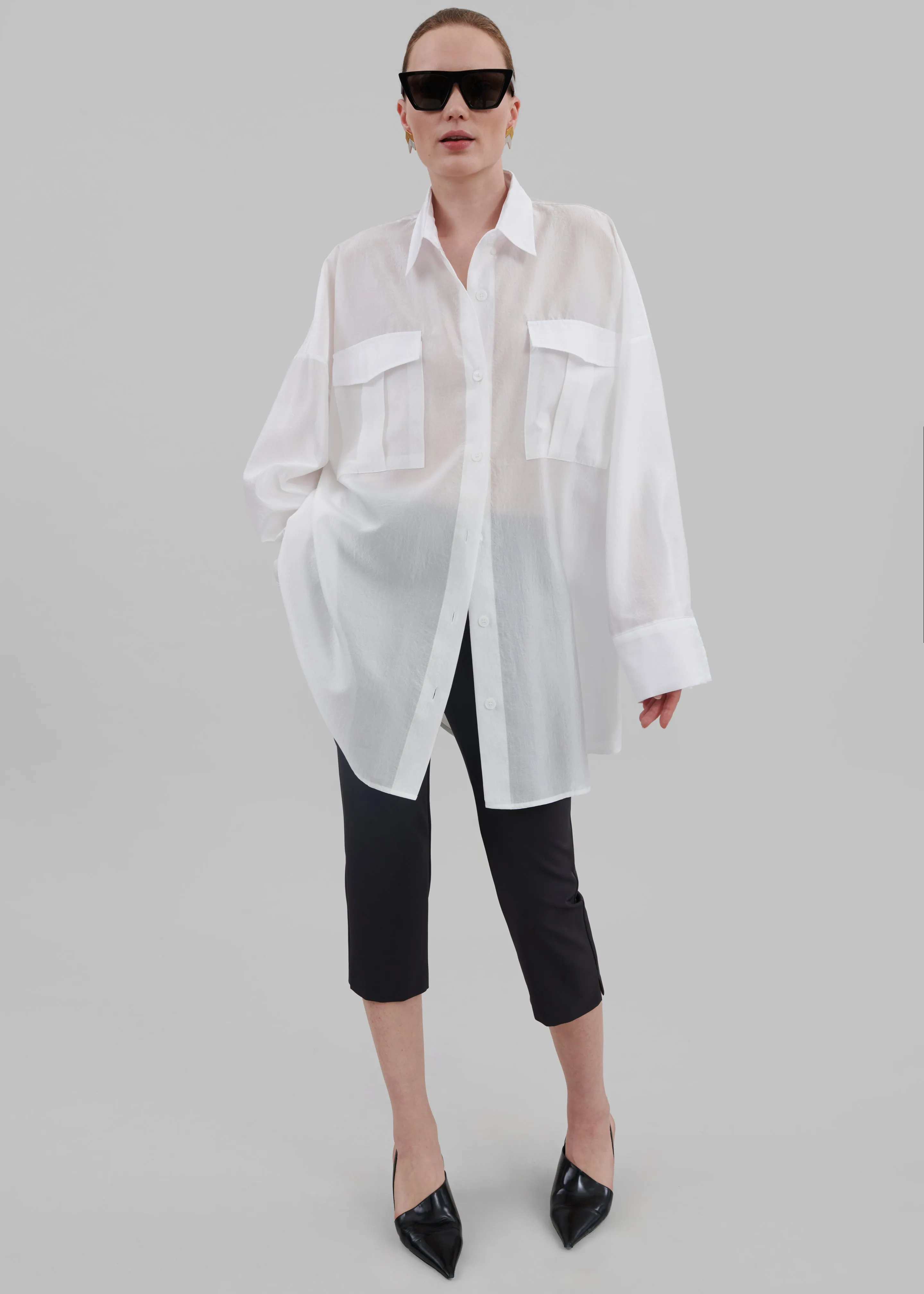 Laure Oversized Sheer Button Up Shirt - White
