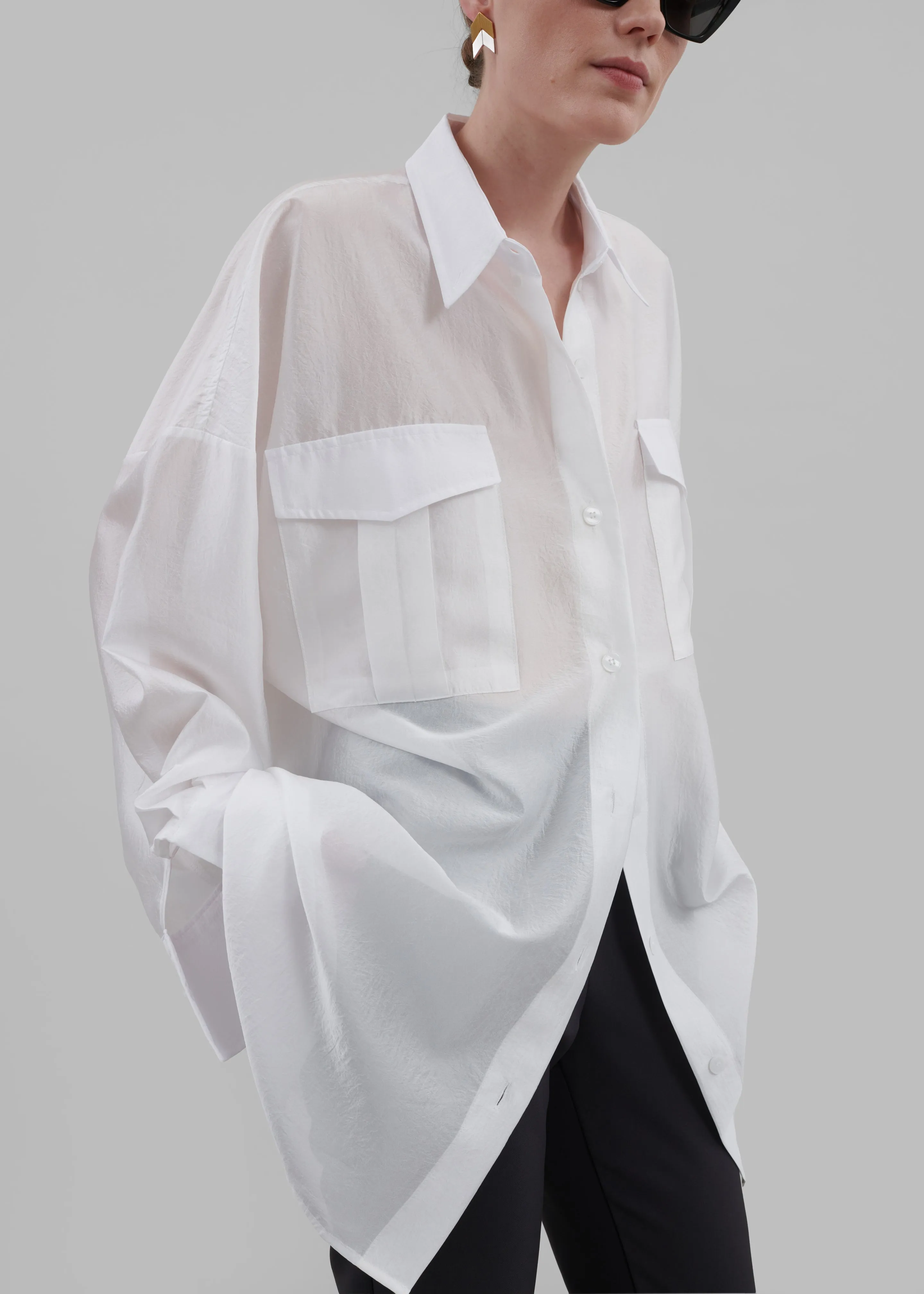 Laure Oversized Sheer Button Up Shirt - White