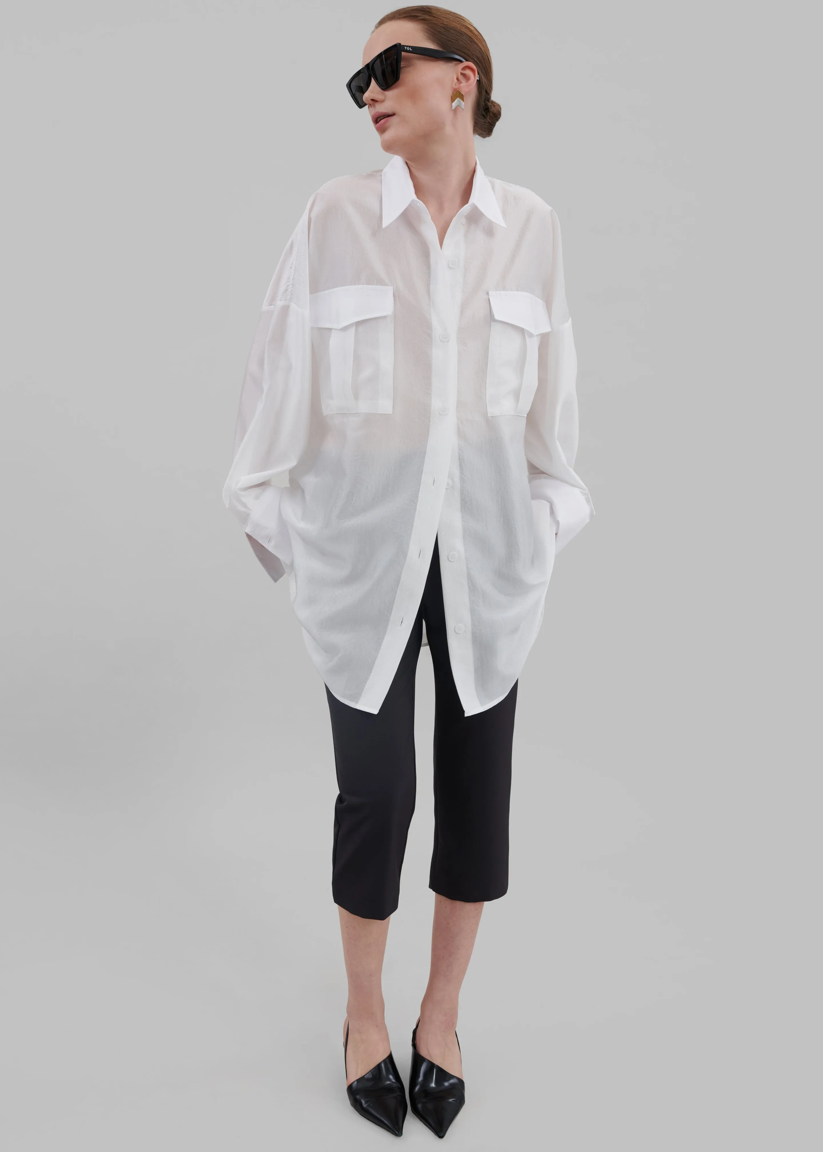 Laure Oversized Sheer Button Up Shirt - White
