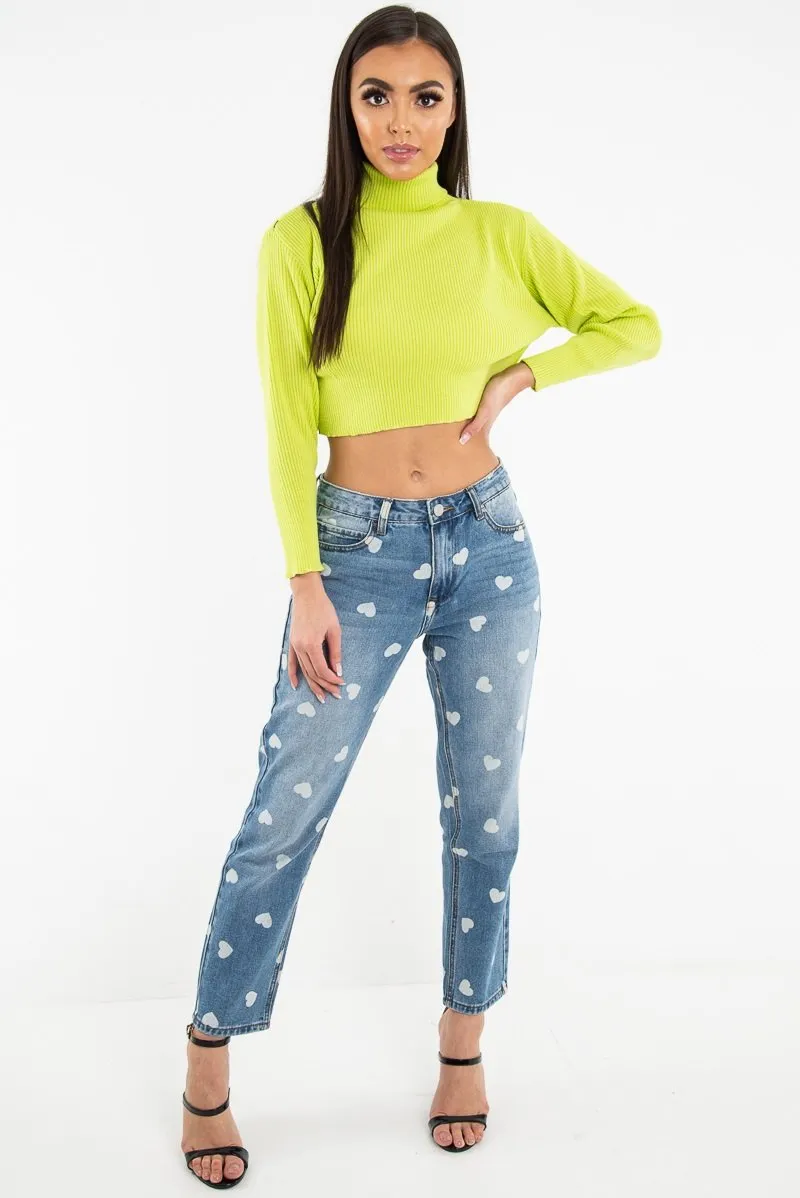 Light Wash Heart Print Boyfriend Denim Jeans - Elainna