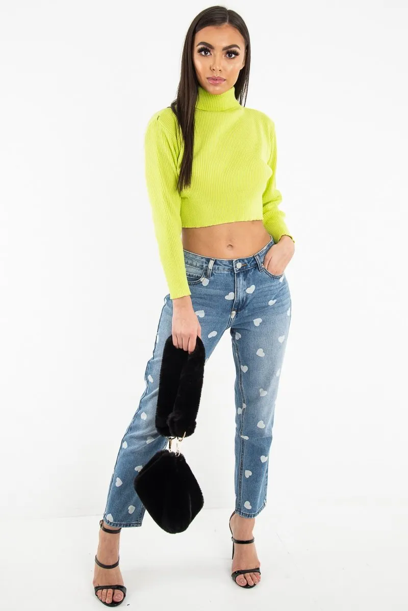 Light Wash Heart Print Boyfriend Denim Jeans - Elainna