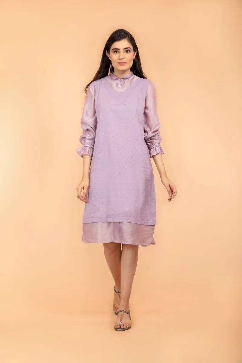 Lilac Shift Dress in Chanderi Handloom & Swiss Dot Cotton
