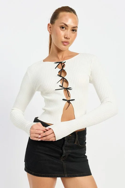 Long Sleeve Ribbed Top w/ Bow Detail