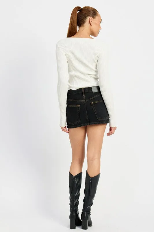 Long Sleeve Ribbed Top w/ Bow Detail