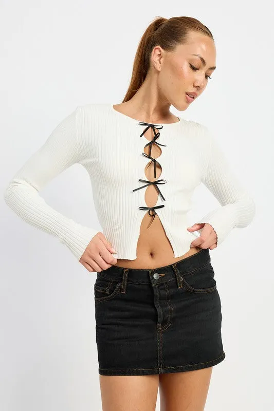 Long Sleeve Ribbed Top w/ Bow Detail