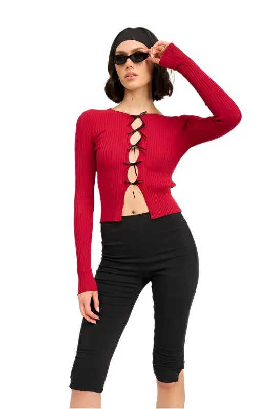 Long Sleeve Ribbed Top w/ Bow Detail