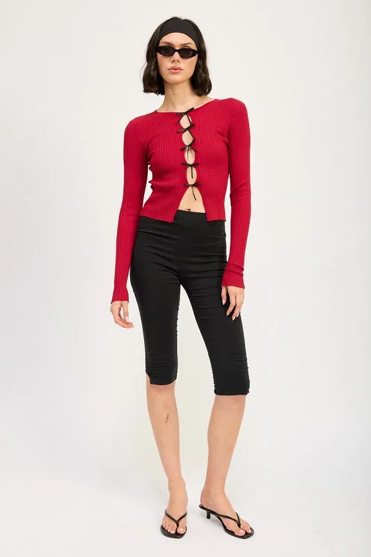 Long Sleeve Ribbed Top w/ Bow Detail