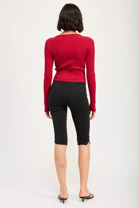 Long Sleeve Ribbed Top w/ Bow Detail