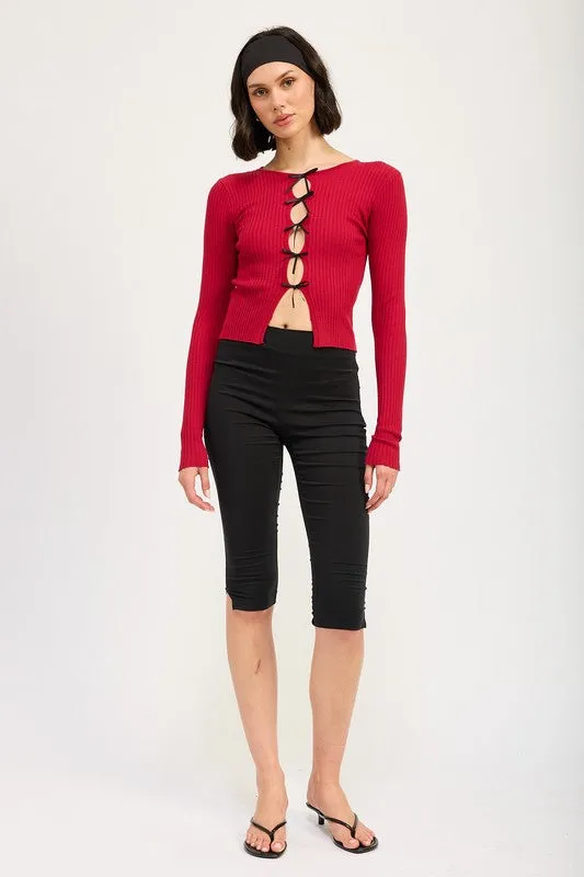 Long Sleeve Ribbed Top w/ Bow Detail