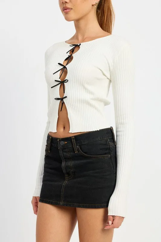 Long Sleeve Ribbed Top w/ Bow Detail