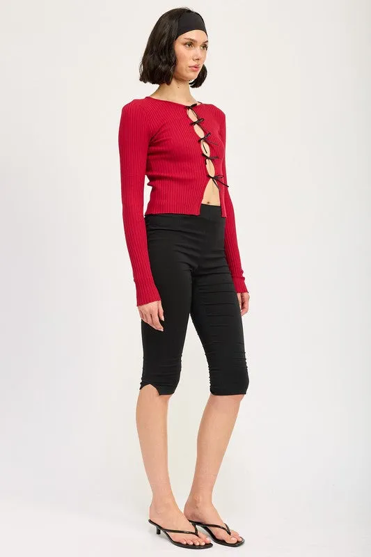 Long Sleeve Ribbed Top w/ Bow Detail
