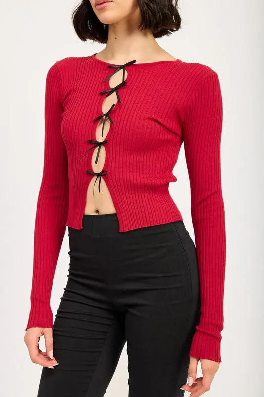 Long Sleeve Ribbed Top w/ Bow Detail