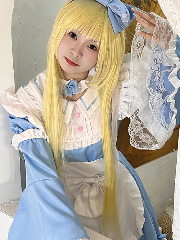 Maid Lolita Dress Polyester Long Sleeves Blue Lolita Dress