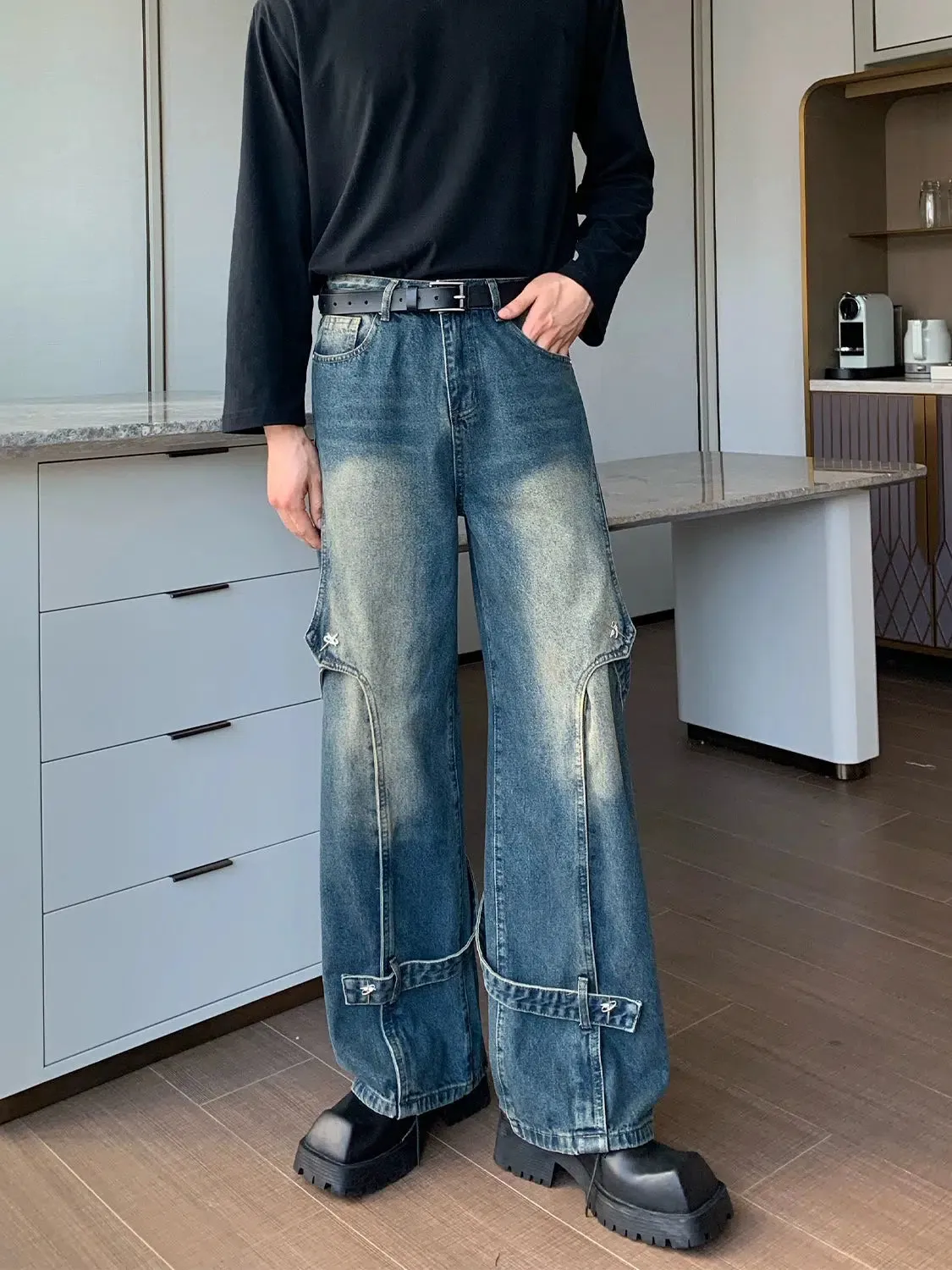 Metal Design Wide-leg Straight-leg Jeans