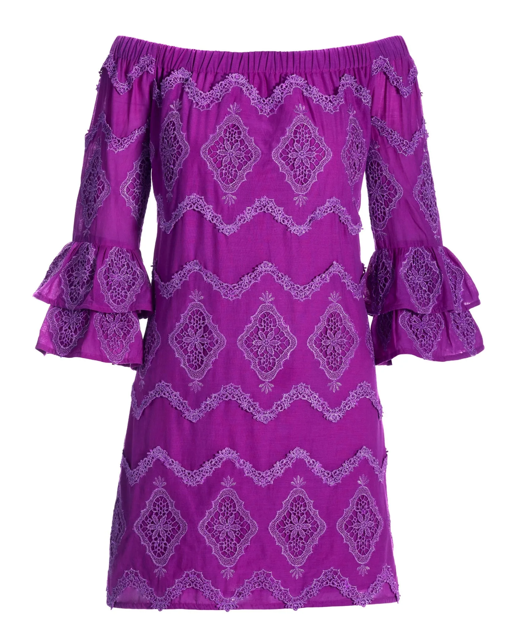 Metallic Lace Detail Off The Shoulder Shift Dress Purple Cactus Flower