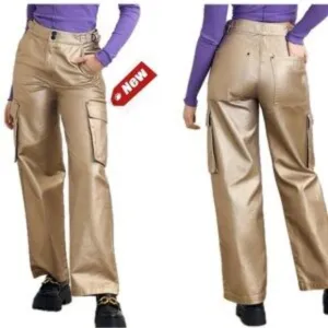 NWT Circus NY Slouchy Cargo Jeans Gold Metallic High waist Wide Leg sz 24