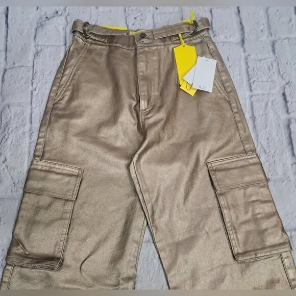 NWT Circus NY Slouchy Cargo Jeans Gold Metallic High waist Wide Leg sz 24