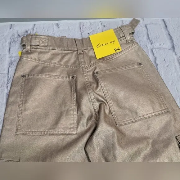 NWT Circus NY Slouchy Cargo Jeans Gold Metallic High waist Wide Leg sz 24