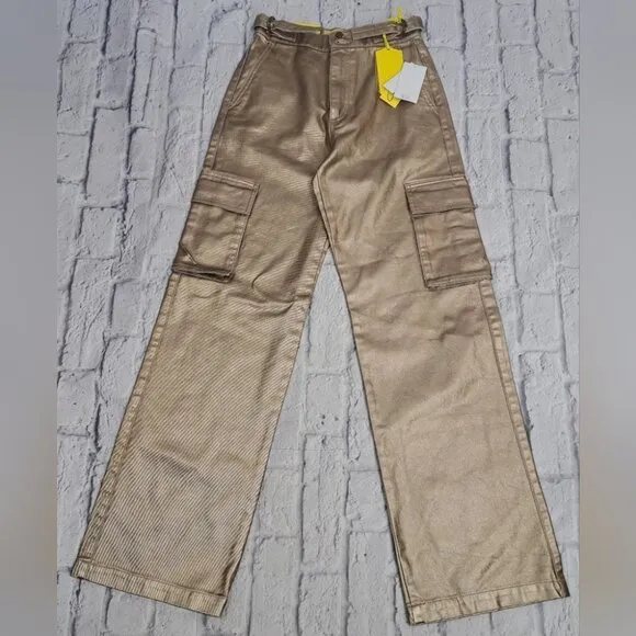 NWT Circus NY Slouchy Cargo Jeans Gold Metallic High waist Wide Leg sz 24