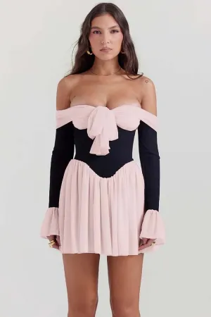 Off Shoulder Long Flare Sleeve Patchwork Knotted Pleated Hem Party Mini Dresses-White