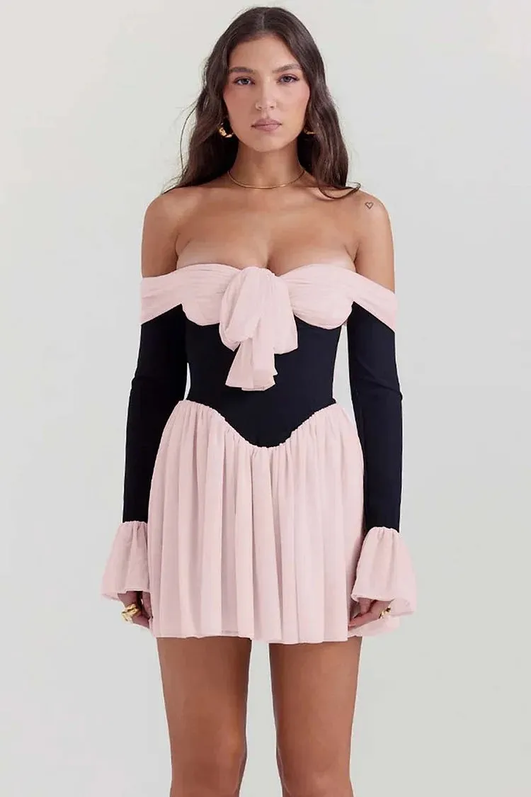 Off Shoulder Long Flare Sleeve Patchwork Knotted Pleated Hem Party Mini Dresses-White