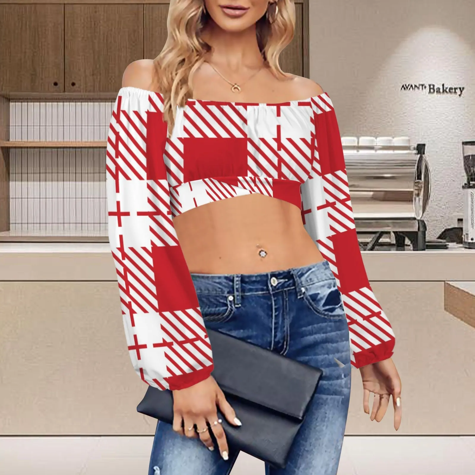 Off Shoulder Long Sleeve Cross Tie Back Crop Blouse