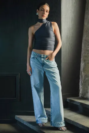 Pantalón de denim wide leg con doblez