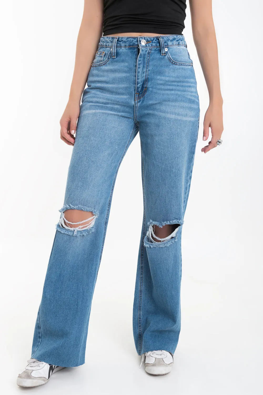 Pantalón denim wide leg con rotos