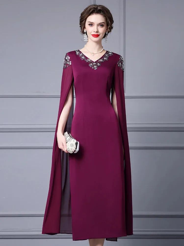Paris Embroidered Flares Solid Red Temperament Office Lady Pencil Dress