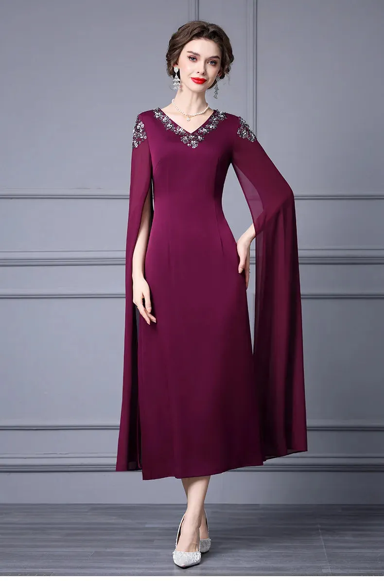 Paris Embroidered Flares Solid Red Temperament Office Lady Pencil Dress