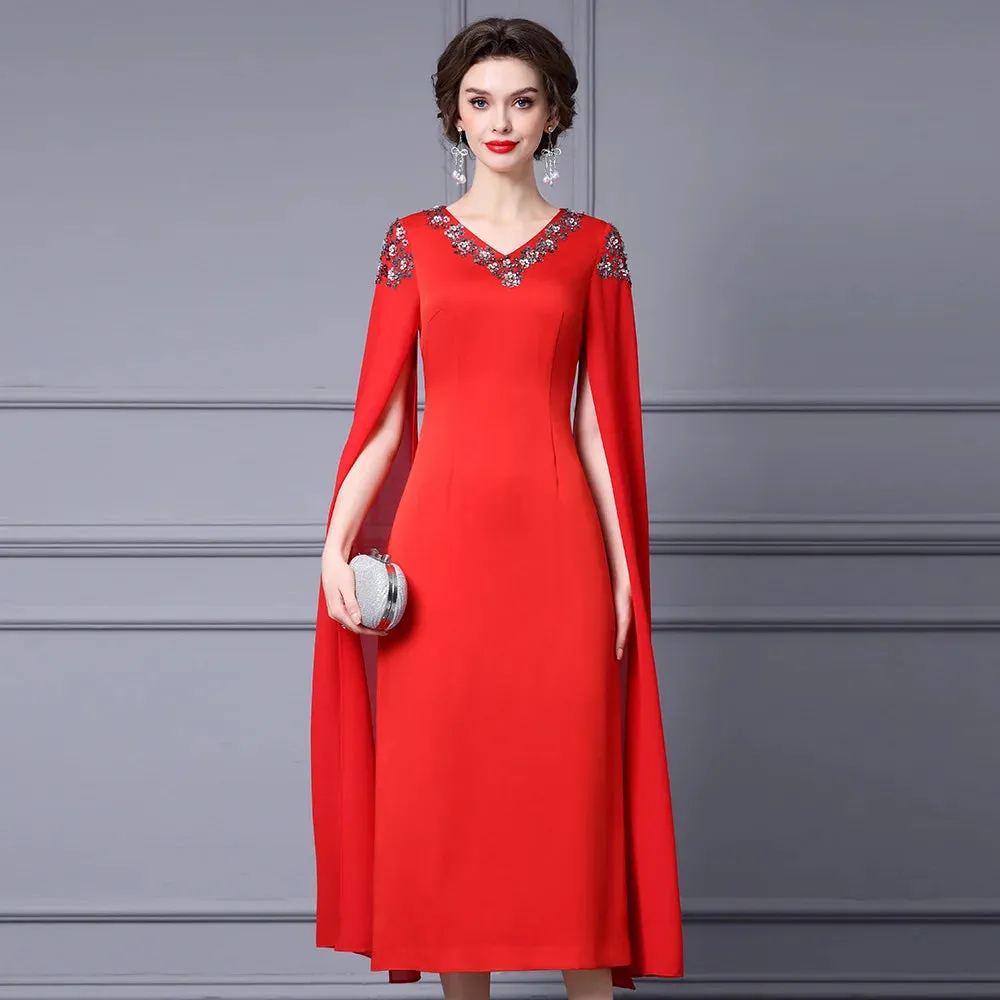 Paris Embroidered Flares Solid Red Temperament Office Lady Pencil Dress