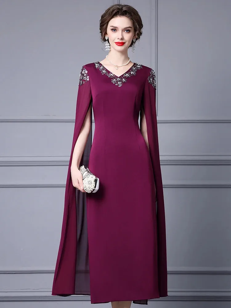 Paris Embroidered Flares Solid Red Temperament Office Lady Pencil Dress
