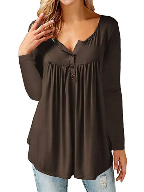 Pleated Button Loose Solid Color Women's V-Neck Long Sleeve T-Shirt