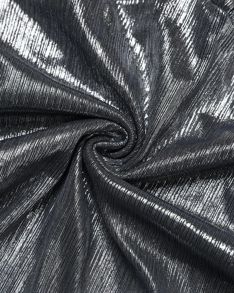 Plunge Lantern Sleeve Ruched Metallic Top