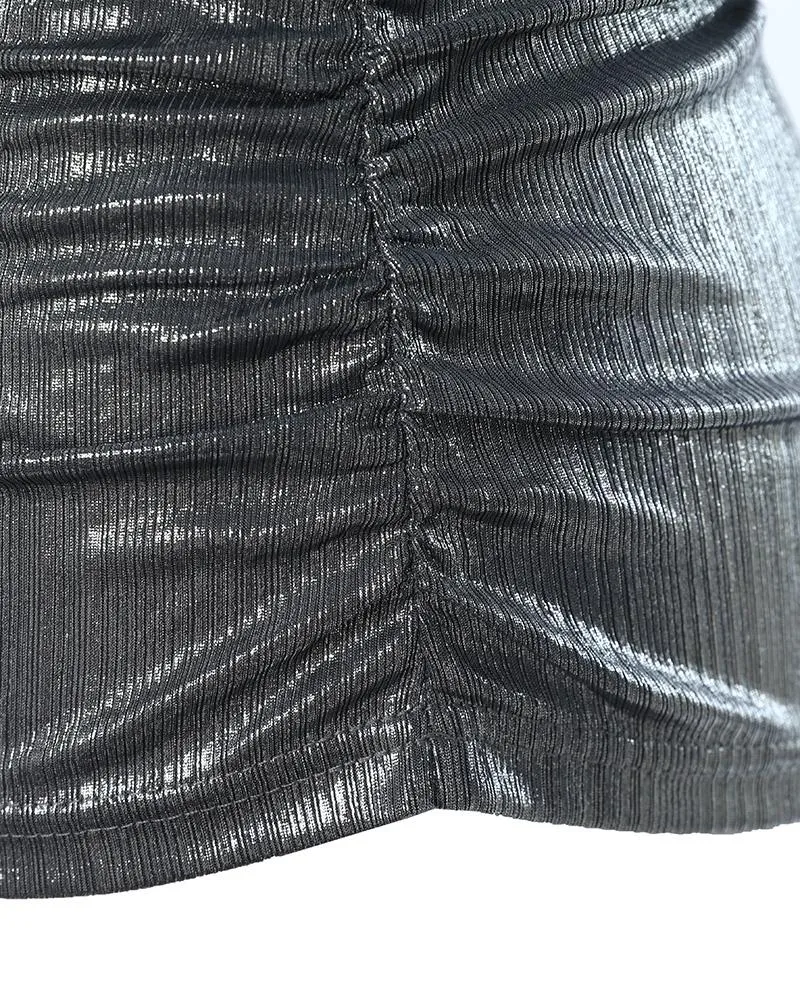 Plunge Lantern Sleeve Ruched Metallic Top