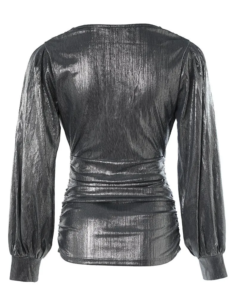 Plunge Lantern Sleeve Ruched Metallic Top