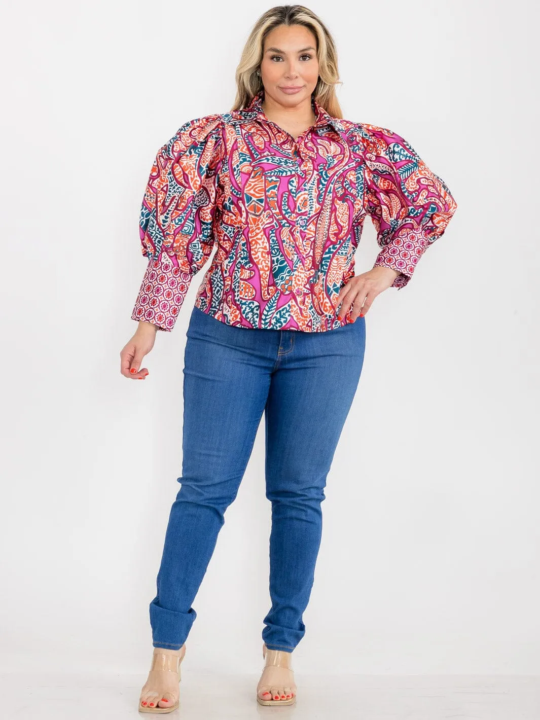 PLUS SIZE LONG PUFF SLEEVE BUTTON UP MULTI PRINT BLOUSE