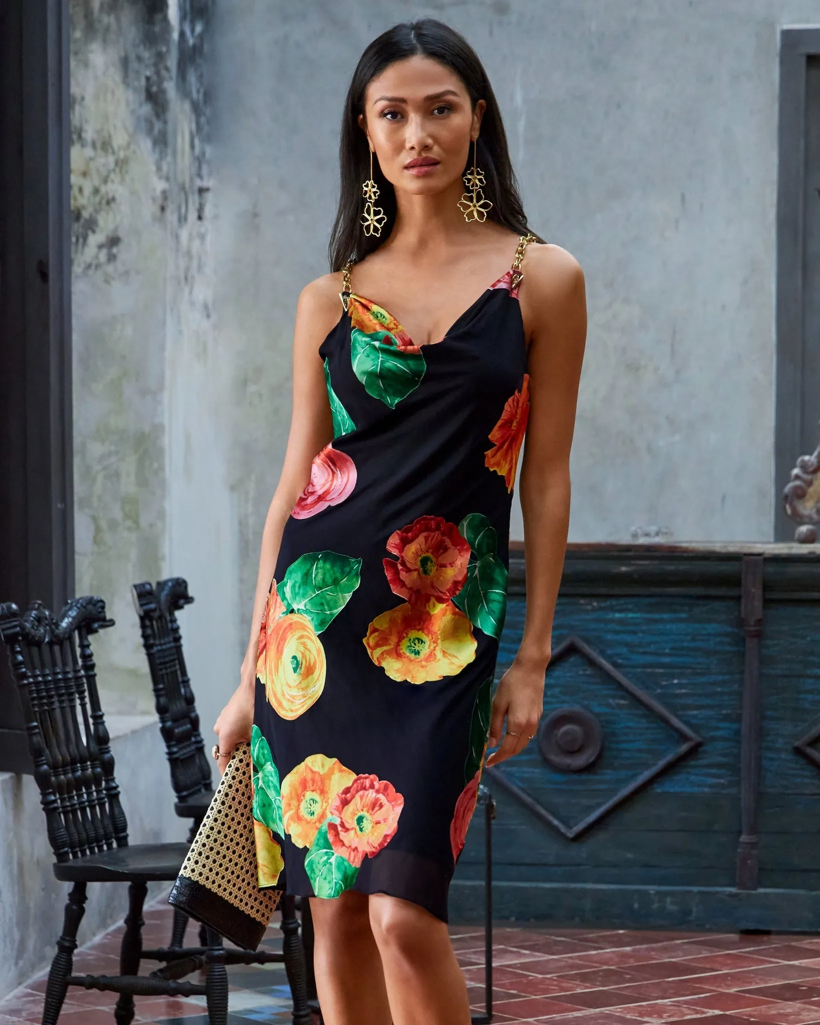 Poppy Love Burnout Chain Strap Cowl-Neck Shift Dress Black/Pink