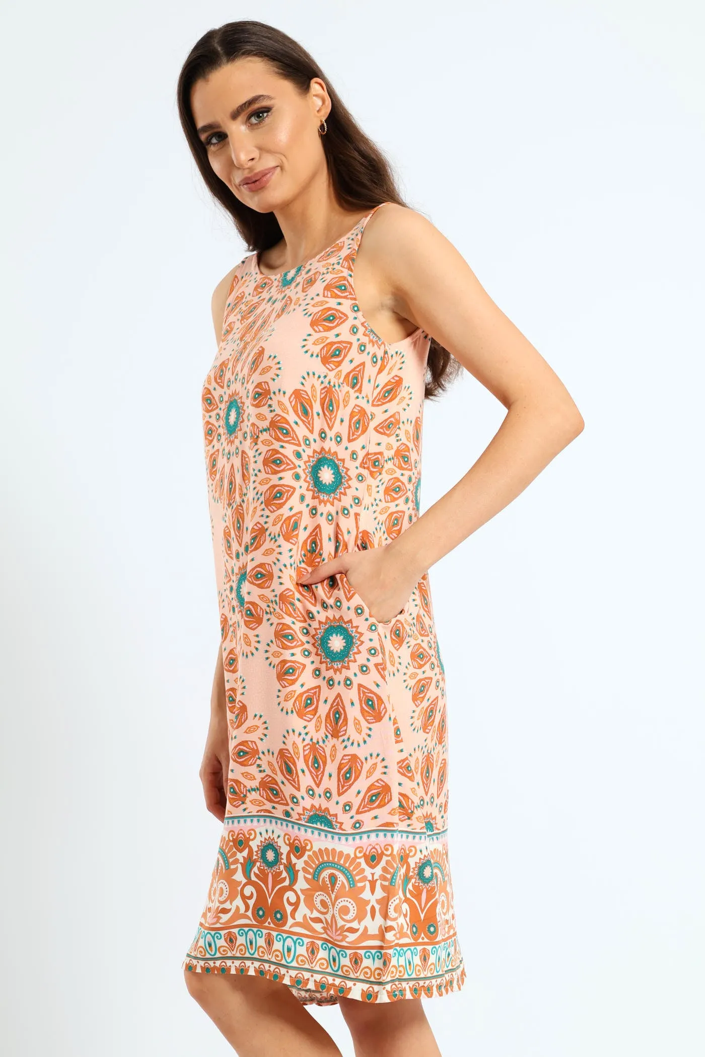 Printed Shift Mini Dress With Border & Pockets - Multi
